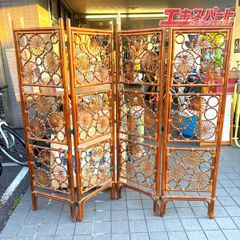 希少】木製 木彫り アンティーク パーテーション アジアン家具 4連