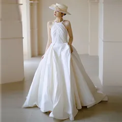 人気商品 ウエディングドレス 結婚式 花嫁 二次会 ウェディングドレス ドレス Aライン 白 ワンピース フォーマルドレス ロングドレス ホルダーネック ノースリーブ バックレス 0944