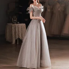 人気商品 ドレス 大人 ピアノ 発表会 ロングドレス イブニングドレス シルバー 演奏会 結婚式 ピアノ発表会  ロング ワンピ オフショルダー Aライン スパンコール 編み上げ 0931