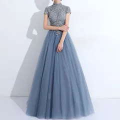人気商品 ウェディングドレス カラードレス ブルー 結婚式 ロングドレス 演奏会 イブニングドレス 花嫁 パーティードレス 半袖 レース シフォン ふんわり フォーマルドレス ブライズメイドドレス 1045