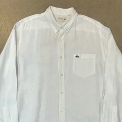 美品】ラコステ リネン混 白ワニ 鹿の子 長袖ボタンダウンシャツ 白 M