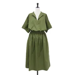 BORDERS at BALCONY ボーダーズアットバルコニー ワンピース カーキ サイズ:38(M) | コットン オープンカラー ドレス / ワンピース 5分袖 Vネック フレア ギャザー ストレッチ | トップス 日本製【レディース】【中古】のサムネイル