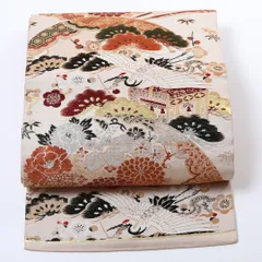 特価！アンティーク 九寸名古屋帯 Aランク 帯丈334cm 正絹 六通 名古屋仕立て 織り 鶴 御所解 松竹梅 クリーム系 RP 1245-00717のサムネイル
