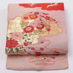 特価！アンティーク 九寸名古屋帯 帯丈322cm 正絹 六通 名古屋仕立て 織り 金箔 鶴 雲取り 菊 ピンク系 RP 1245-00882