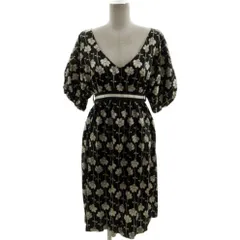 ザラ ベーシック ZARA BASIC ワンピース Vネック 半袖 ミディ丈 リボンベルト シャイニー 光沢 花柄 ブラック系 黒系 ライトベージュ M