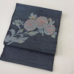八寸名古屋帯 真綿紬 渡文？ 紺 中古 花 カジュアル so538 - メルカリ