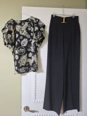 ブラック パータン ブラウス + ワイド パンツ セット