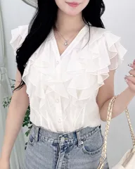 INGNI イング フリルシアー ノースリブラウス ノースリーブ 大人かわいい 上品 パールボタン Vネック 二の腕カバー 光沢シアー トップス フェミニン カジュアル オフィス オフホワイト