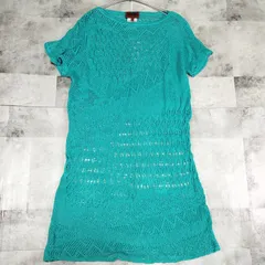 リネン混【美品】MISSONI シェブロン柄 ミッソーニ サマーニット チュニック サイズ42 XLサイズ相当 ジグザグ柄 ターコイズグリーン 透かし編み オレンジタグのサムネイル