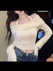 アイボリー オフショルダー ニット 長袖Tシャツ 白