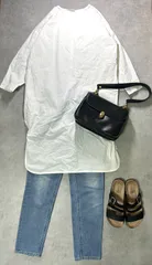 mao made マオメイド バックボタン ロングシャツ ワンピース ホワイト 白 7分袖 膝丈 コットン ストレッチ 抜け感 ダボっと オーバーサイズ 体型隠す 体型カバー ゆるダボ ナチュラル カジュアル 重ね着 春夏秋 レディース aelのサムネイル