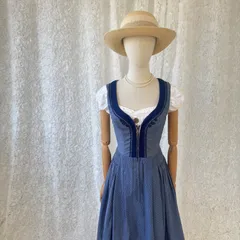 ドイツ製ディアンドルワンピース ブルー小花柄 フロントジップ フレアシルエット 民族衣装 チロル レトロ ヨーロッパ古着 クラシカル