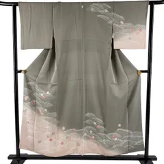 訪問着 身丈155cm 裄丈62cm S 袷 波 菊 金糸 ぼかし 灰緑 正絹 秀品 一つ紋 【中古】のサムネイル