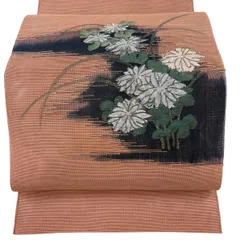 【美品】 名古屋帯 優品 夏帯 絽 八寸名古屋帯 トンネル仕立て 菊 霞 金糸 ピンクベージュ 正絹 【中古】