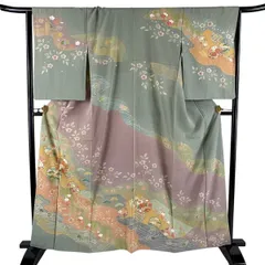 訪問着 身丈161cm 裄丈66cm M 袷 落款 雪輪 草花 金糸 金彩 灰緑 正絹 名品 【中古】のサムネイル