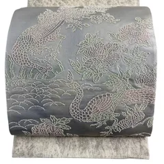 【美品】 袋帯 秀品 関西仕立て 枝花 鳥 相良刺繍 灰色 お太鼓柄 正絹 【中古】