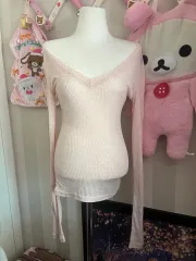 ヴィンテージ タイト 華奢 レディース いちごミルク ロングスリーブ Tシャツ T1 片方オフショルダー トップス