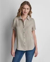 ダナキャランニューヨーク レディース トップス シャツ プリント 半袖 DKNY Jeans Womens Print Rolled ShortSleeve Shirt Pebbleのサムネイル