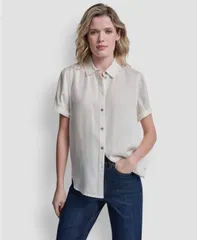 ダナキャランニューヨーク レディース トップス シャツ プリント 半袖 DKNY Jeans Womens Print Rolled ShortSleeve Shirt Ivory アイボリーのサムネイル