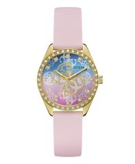 [Free Shipping] Guess Women's Glitz Gold Tone Stainless Steel Pink Silicone Watch 34mm Pink