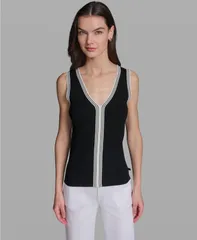カール ラガーフェルド レディース アウター ニット・セーター Vネック KARLAGERFELD PARIS Womens VNeck Sweater BlackSoft White ホワイトのサムネイル