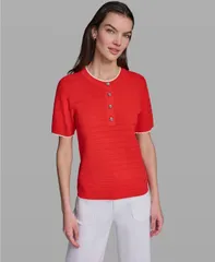 カール ラガーフェルド レディース アウター ニット・セーター 半袖 コントラスト KARLAGERFELD PARIS Womens Contrastrim ShortSleeve Sweaterのサムネイル