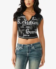 トゥルーレリジョン レディース トップス Tシャツ True Religion Womens VNotch Rib TShirt Jet Black ブラックのサムネイル