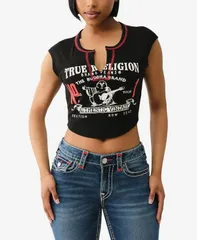 トゥルーレリジョン レディース トップス シャツ コントラスト True Religion Womens Contrastitch Buddha VNotch TShirt Jet Black ブラッのサムネイル