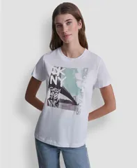 ダナキャランニューヨーク レディース トップス Tシャツ クルーネック ロゴ DKNY Jeans Womens Rhinestone Graffiti Logo Crew Neck TShirt Wのサムネイル