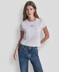 ダナキャランニューヨーク レディース トップス Tシャツ クルーネック ロゴ DKNY Jeans Womens Rhinestone Logo Crew Neck Baby TShirt Whiteのサムネイル