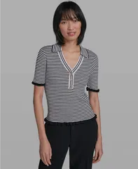 カール ラガーフェルド レディース アウター ニット・セーター 半袖 KARLAGERFELD PARIS Womens Collared ShortSleeve Sweater Soft Whiteのサムネイル