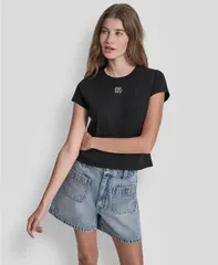 ダナキャランニューヨーク レディース トップス Tシャツ クルーネック ロゴ DKNY Jeans Womens Rhinestone Logo Crew Neck Baby TShirt Blackのサムネイル