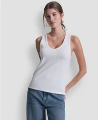 ダナキャランニューヨーク レディース トップス タンクトップ Vネック DKNY Jeans Womens Rhinestone VNeck Tank Top White ホワイトのサムネイル