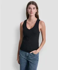 ダナキャランニューヨーク レディース トップス タンクトップ Vネック DKNY Jeans Womens Rhinestone VNeck Tank Top Black ブラックのサムネイル
