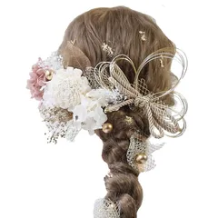 【新品】 Bud Flower バドフラワー 髪飾り 成人式 卒業式 ドライフラワー 水引 金箔 和装 振袖 袴 ヘッドドレス 結婚式 七五三 アクセサリー hair-180 (ピンクベージュ) 0