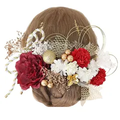 【新品】 Bud Flower バドフラワー 髪飾り ダリア ドライフラワー 成人式 卒業式 水引 金箔 和装 振袖 袴 ヘッドドレス 結婚式 七五三 アクセサリー hair-207(ワインレッド) 0