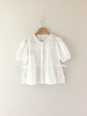 (新) 白レース リー リボン 花刺繍 コットン ブラウス