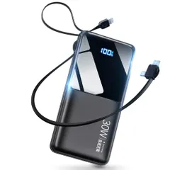 大容量 50000mAh 【2026新モデル Max30W急速充電】 32cm超長ケーブル内蔵 4台同時充電 Type-C入出力兼用 スマホ 充電器 SCP22.5W/PD20W/QC3.0 LCD残量表示 ストラップ付き 持ち運び 携帯充電器 回k2-677