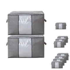 [KakiKhaki]衣装ケース 衣類収納ケース 折りたた??? ふとん収納袋 90L 服 収納 大容量 収納ボックス 洋服収納 通気性の良い不織布 防塵 透明窓付き 耐荷重ハンドル 布団 毛布 おもちゃ収納 (グレー, 2個セット)
