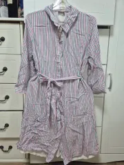 ピンク グリーン ストライプ シャツ ワンピース