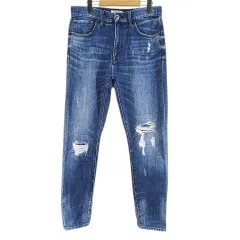 インヘリット INHERIT ロング丈 デニムパンツ ジーンズ スキニー S 青系 ブルー ジップフライ ダメージ 加工 ラベルのサムネイル