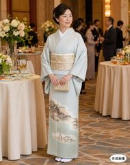 裄65.5 身丈162☆高級品質 作家物 正絹綸子 一つ紋色留袖 鴛鴦柄 薄灰 