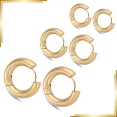 【新品】 [Adelina Style] フープピアス 人気 幅5mm 太め 金ピアス つけっぱなし 18G 3ペアセット メンズ レディース リング ピアス サージカルステンレス 金属アレルギー対応 男女 両耳 (set ゴールド 内径10/12/14m 1