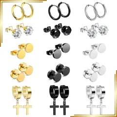 【新品】 フープピアス 15ペア クロス 十字架 ピアスリング イヤリング 丸スタッドピアス 両耳 片耳 ピアス 16G ステンレス 金属アレルギー ブラック シルバー ゴールド プレセット最適
