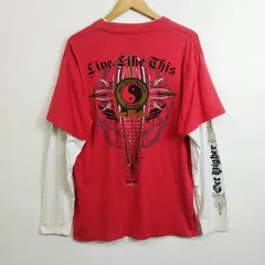00s T&C Surf Designs タウカン レイヤード ロング Tシャツ ドッキング ロンT 長袖 陰陽 両面 プリント Y2K 平成 古着 VINTAGE コットン レッド XL D839のサムネイル
