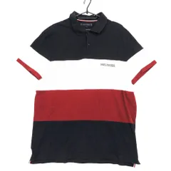 TOMMY HILFIGER トミーヒルフィガー ボーダー ポロシャツ 半袖ロゴ 刺繍 鹿の子 プルオーバー L ネイビー 白 赤 メンズ 【中古】