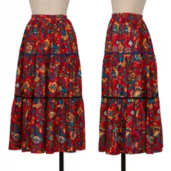 イヴサンローランYves Saint Laurent ボタニカルプリントテープ切替フレアスカート 赤9号