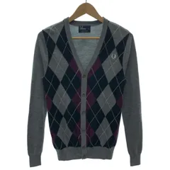 【中古】　FRED PERRY　カーディガン　長袖　ニット　Vネック　フルボタン　アーガイル柄　ワンポイント　刺しゅう　古着　/1385