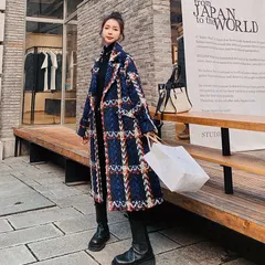 人気商品 コート ミドル丈 ネイビーチェック柄 高級感 ジャケット 春秋 カジュアル ツイードコート