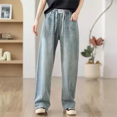 人気商品 デニムパンツ 夏 レディース デニムワイドパンツ 大きいサイズ ゆったり ジーンズ ストレートワイドパンツ 柔らか ボトムス ジーパン 美脚 春夏秋 カジュアル ウエストゴム 体型カバー 着回し 大人可愛い